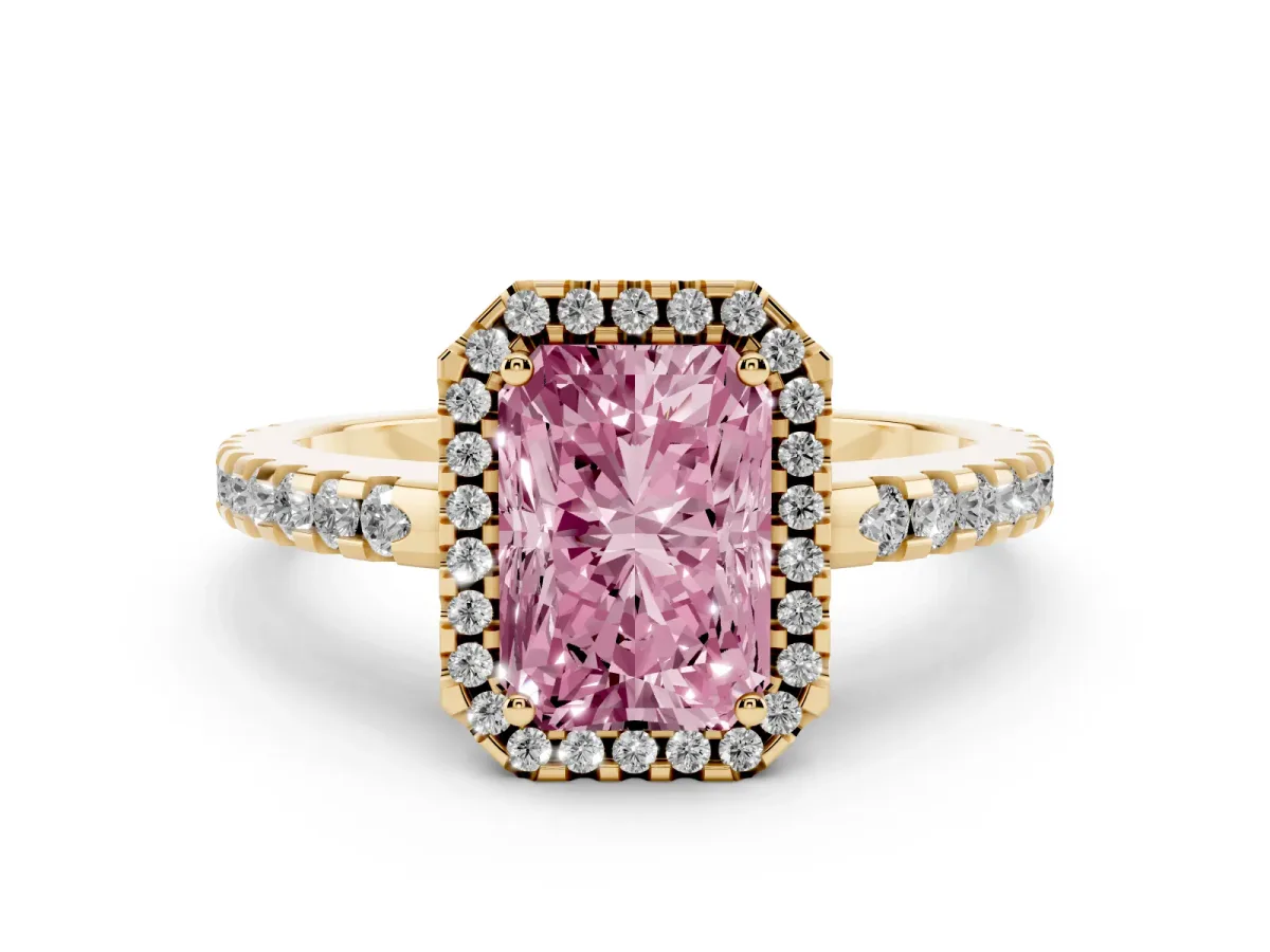Fancy Pink Radiant Cut Diamond Halo Ring Set in Yellow gold with Pavé Shoulders and Halo-Framed Center