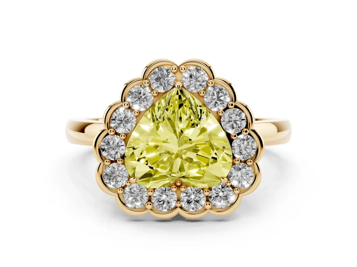 Fancy Yellow Heart Cut Diamond Halo Cluster Engagement Ring Set in Yellow gold with Solitaire Band and Prong Setting