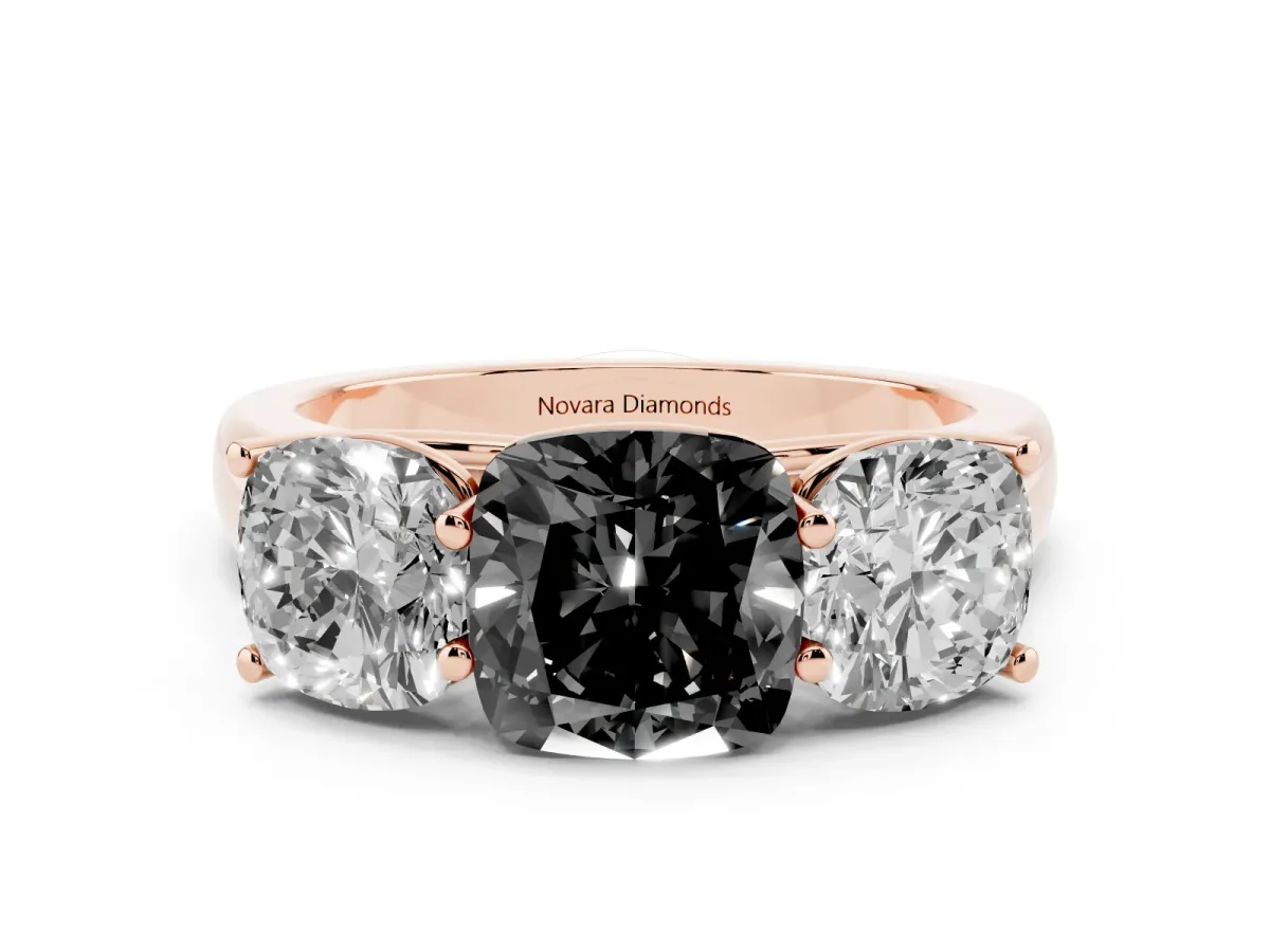 Fancy Black Cushion Cut Diamond Three-Stone Ring Set in Rose gold with Plain Polished Band