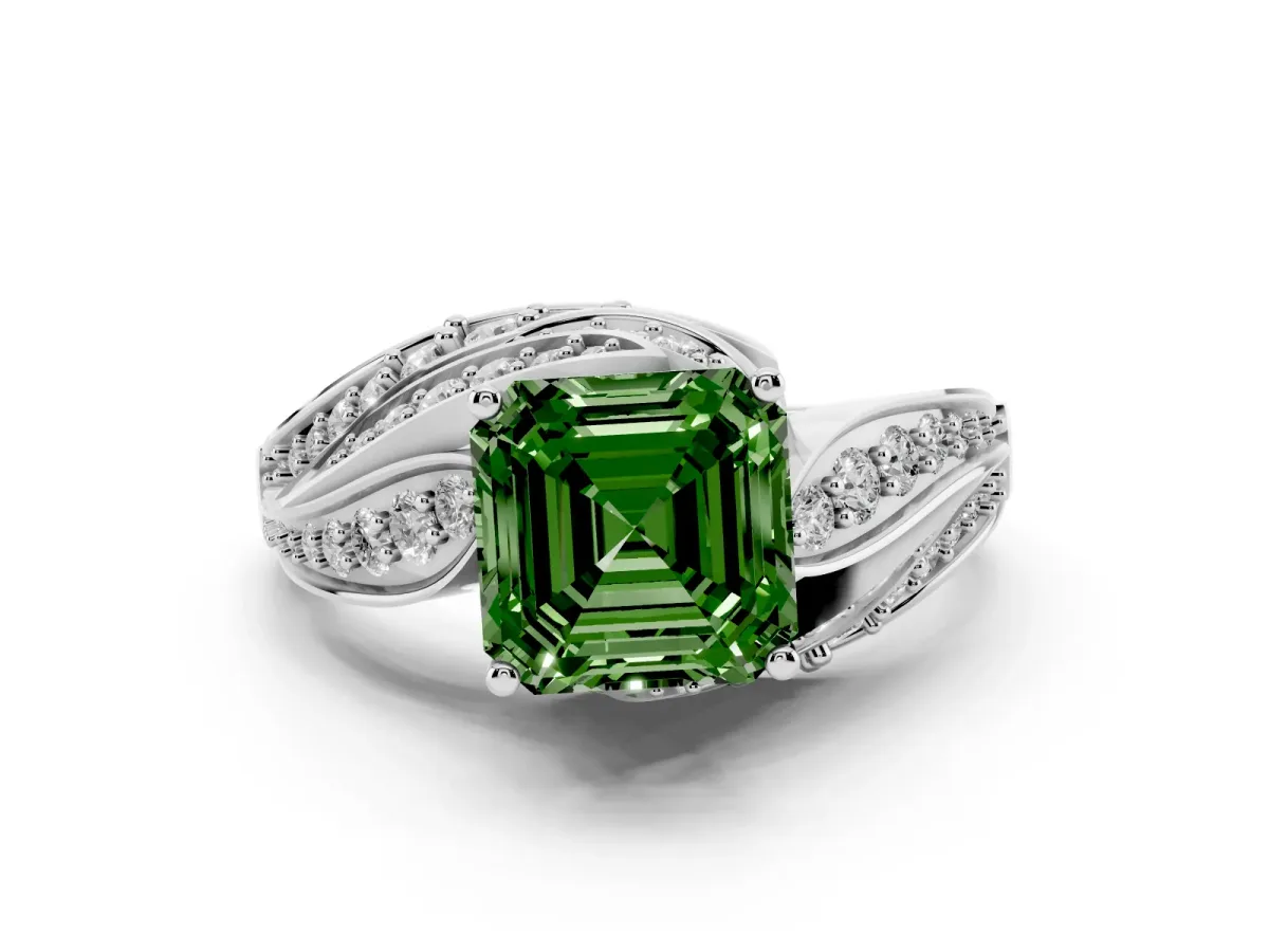 Fancy Green Asscher Cut Diamond Solitaire Ring Set in Platinum with Layered Twist Pavé Band