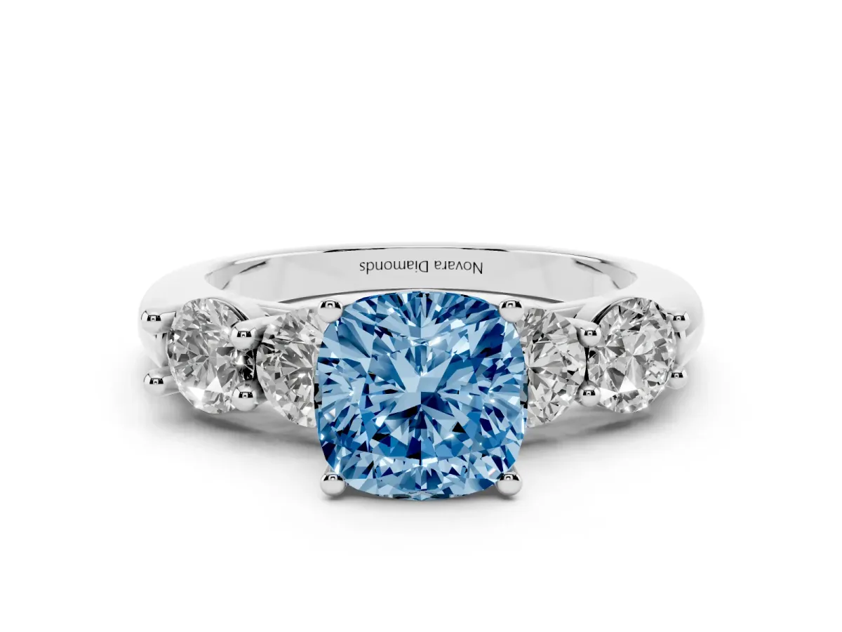 Fancy Blue Cushion Cut Diamond Five-Stone Prong Set Ring Set in Silver with Classic Band
