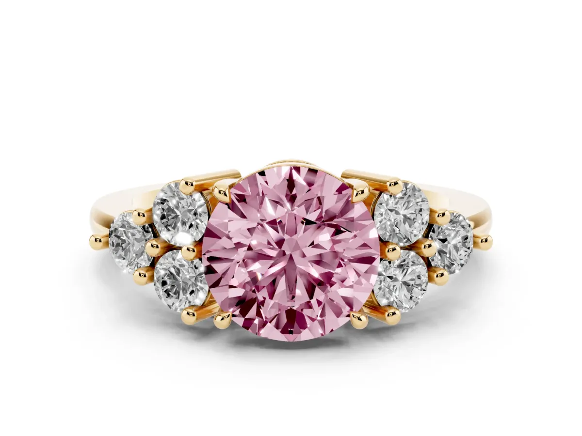 Fancy Pink Round Cut Diamond Solitaire Ring Set in Yellow gold with Cluster Accents on Each Side