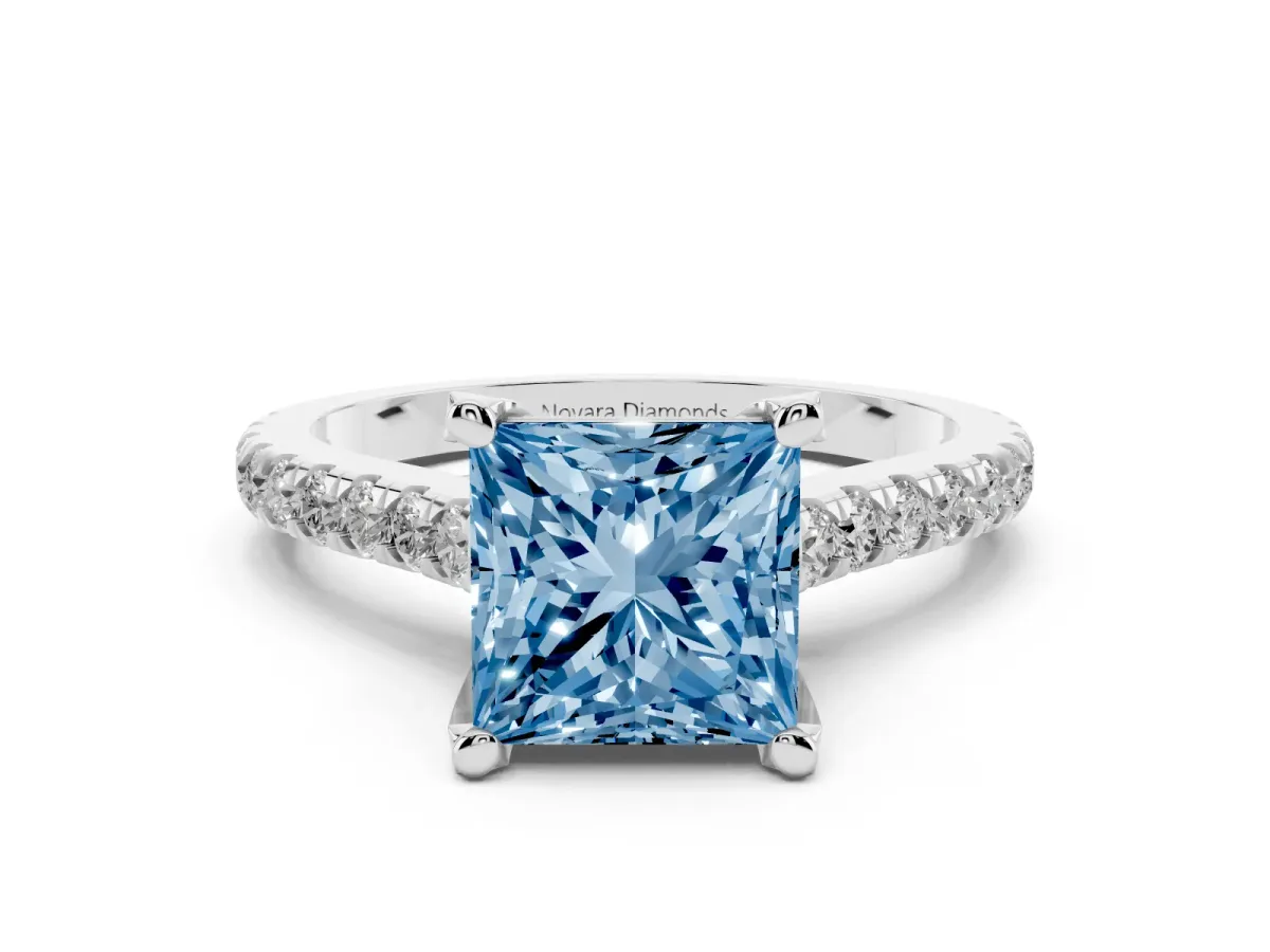 Fancy Blue Princess Cut Diamond Solitaire Ring Set in Platinum with Brilliant Pavé Band and Prong Setting