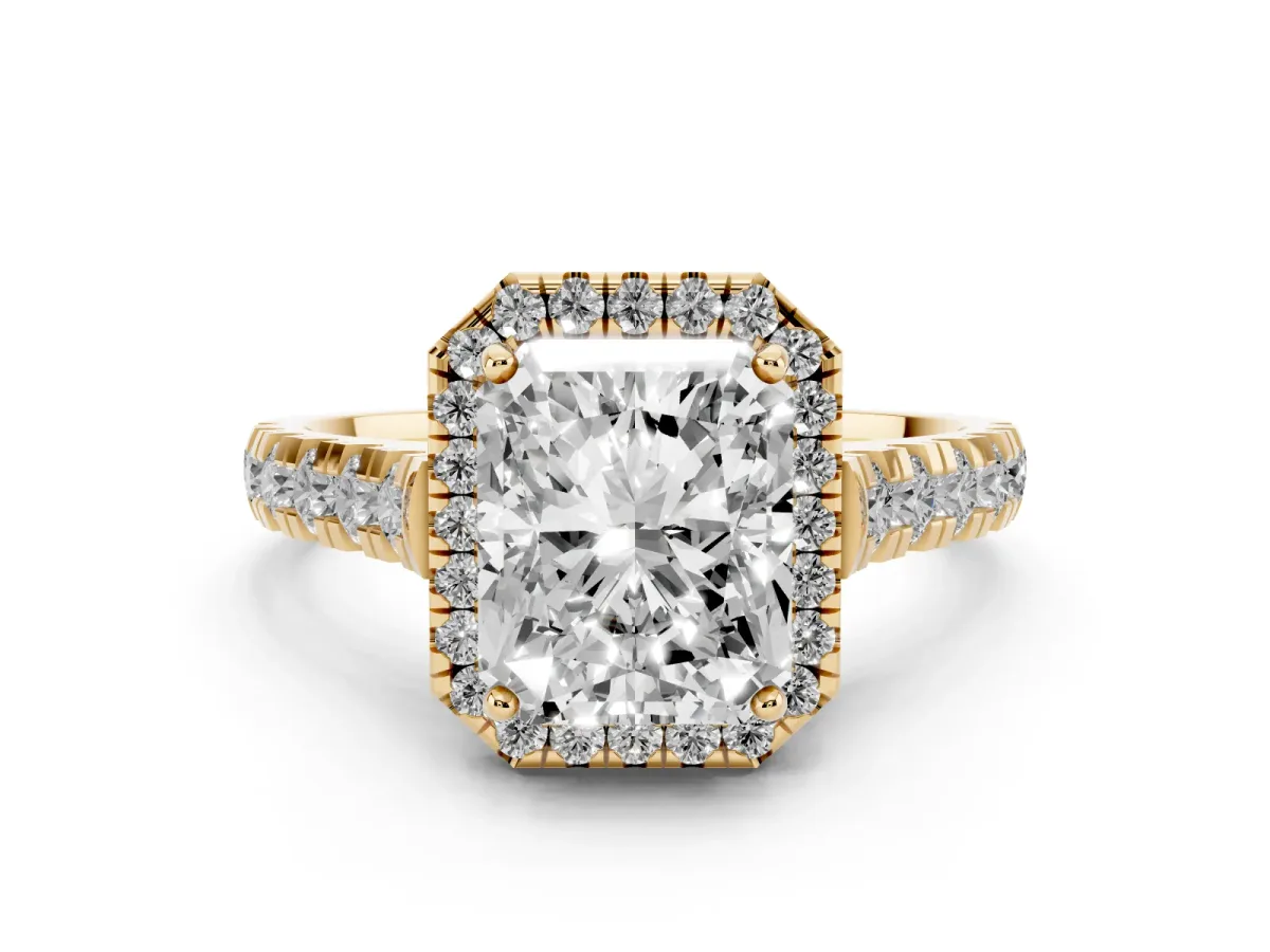 Radiant Cut Diamond Halo Engagement Ring Set in Yellow gold with Pavé Band and Prong-Set Center