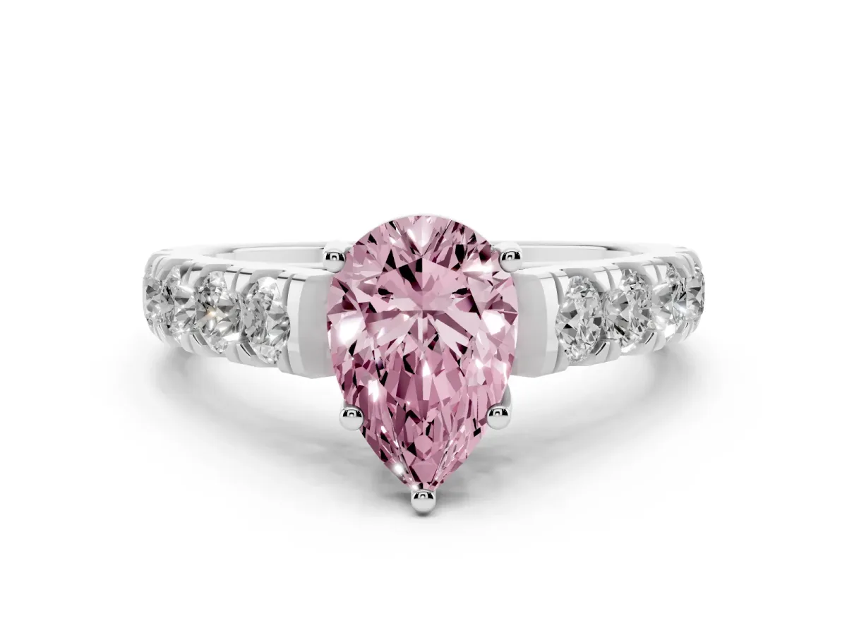 Fancy Pink Pear Cut Diamond Solitaire Ring Set in Platinum with Cut-Down Micro Pavé Band and Prong Setting