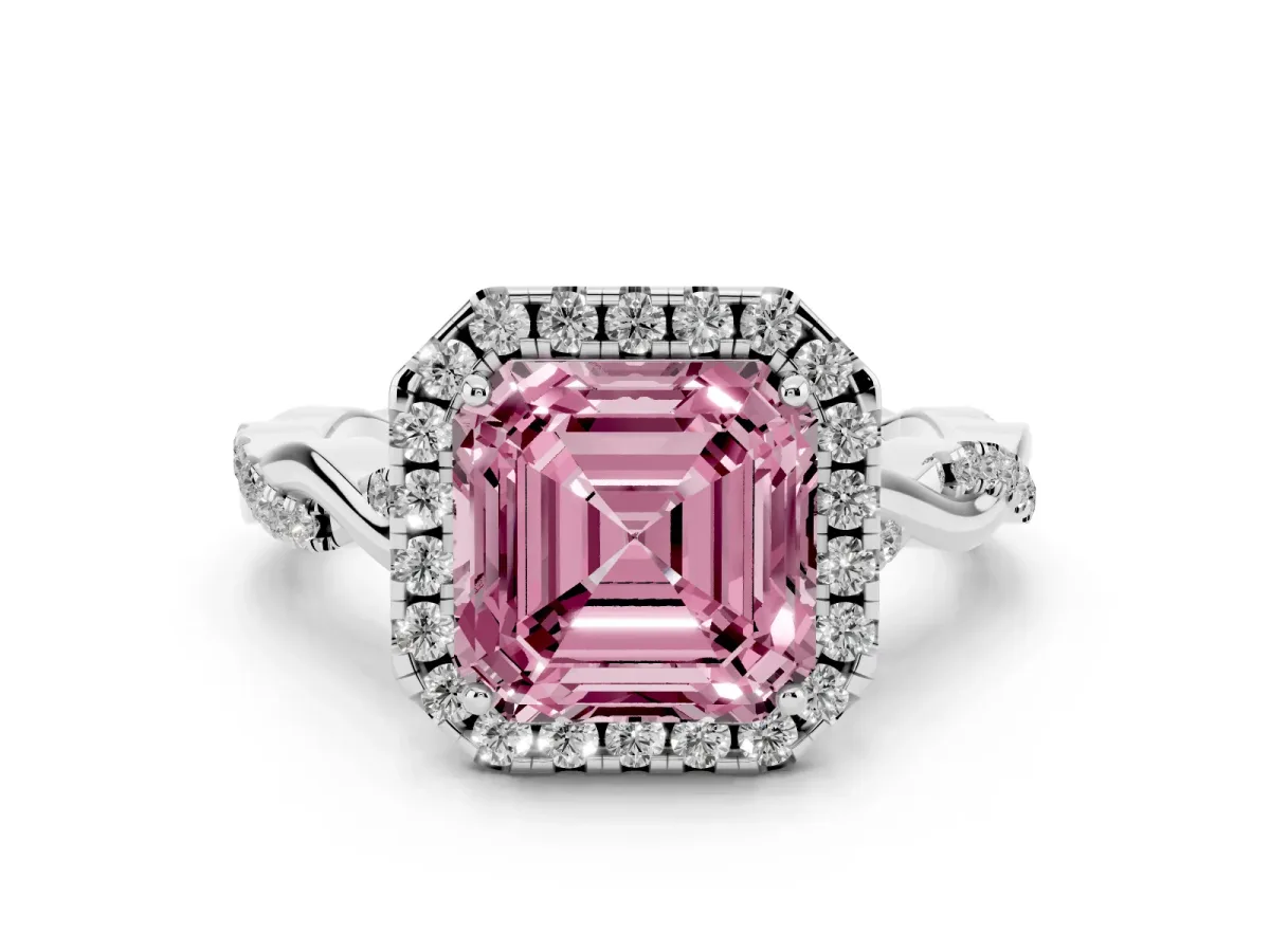 Fancy Pink Asscher Cut Diamond Halo Twist Band Solitaire Ring Set in Platinum with Prong Setting