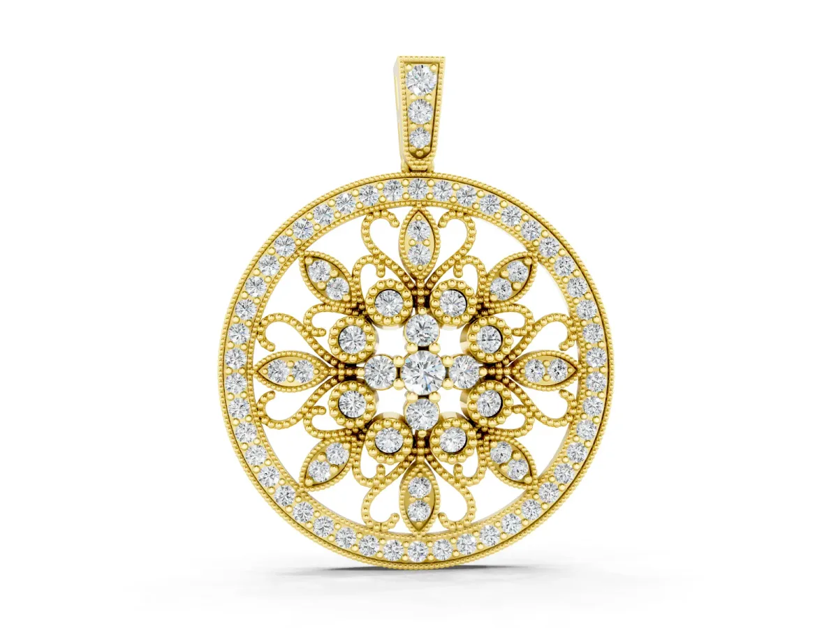 Round Pavé Diamond Filigree Pendant Set in Yellow gold with Floral Marquise Motif
