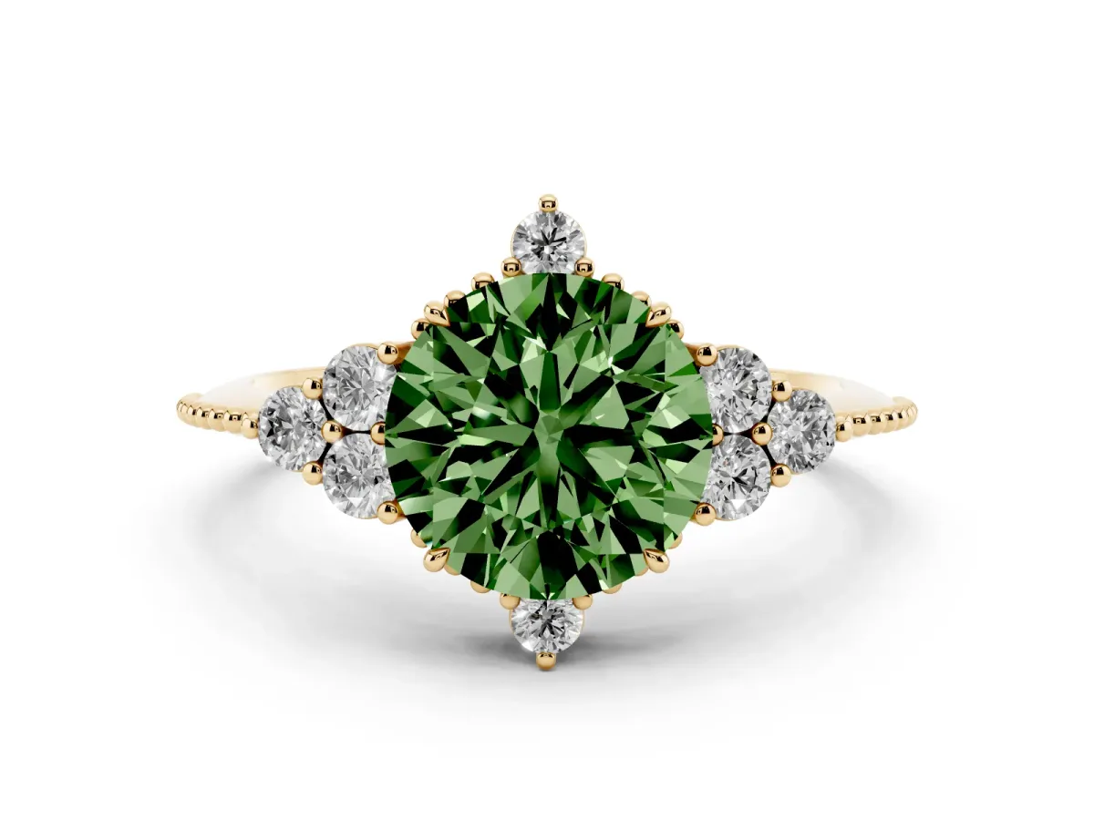 Fancy Green Round Cut Diamond Cluster Ring Set in Yellow gold with Beaded Band