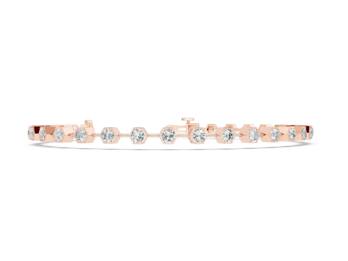 Round Diamond Hexagon Bezel Continuous Tennis Bracelet Set in Rose gold