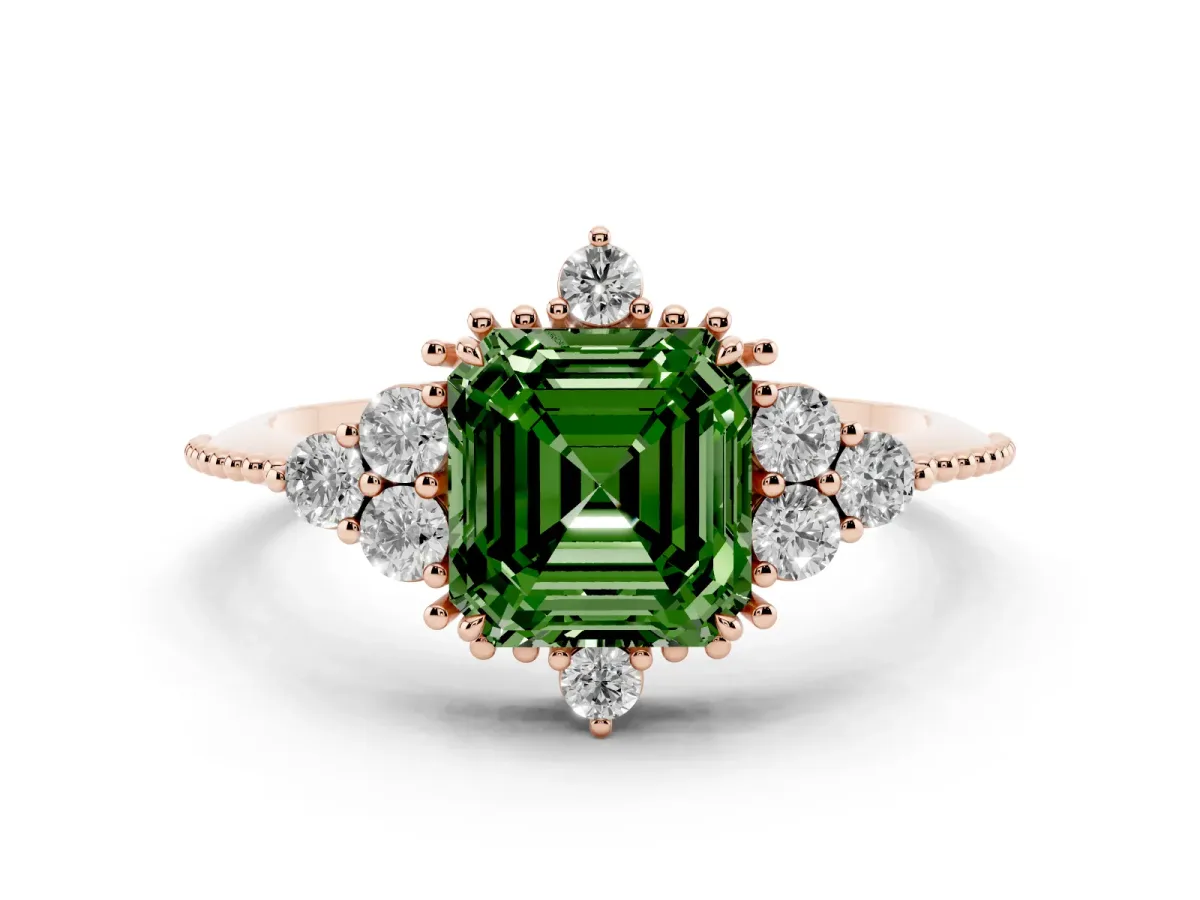 Fancy Green Asscher Cut Diamond Cluster Ring Set in Rose gold with Beaded Band