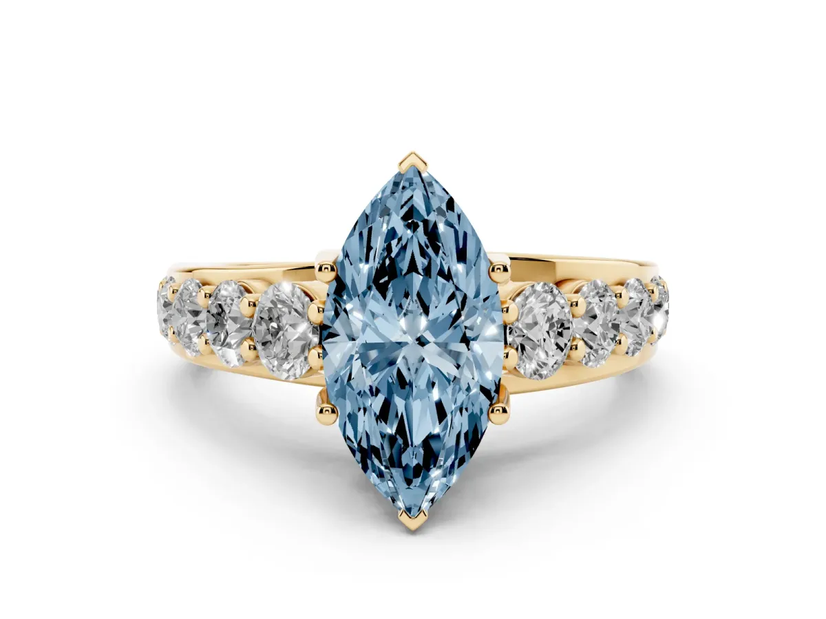 Fancy Blue Marquise Cut Diamond Pavé Engagement Ring Set in Yellow gold with Prong Setting