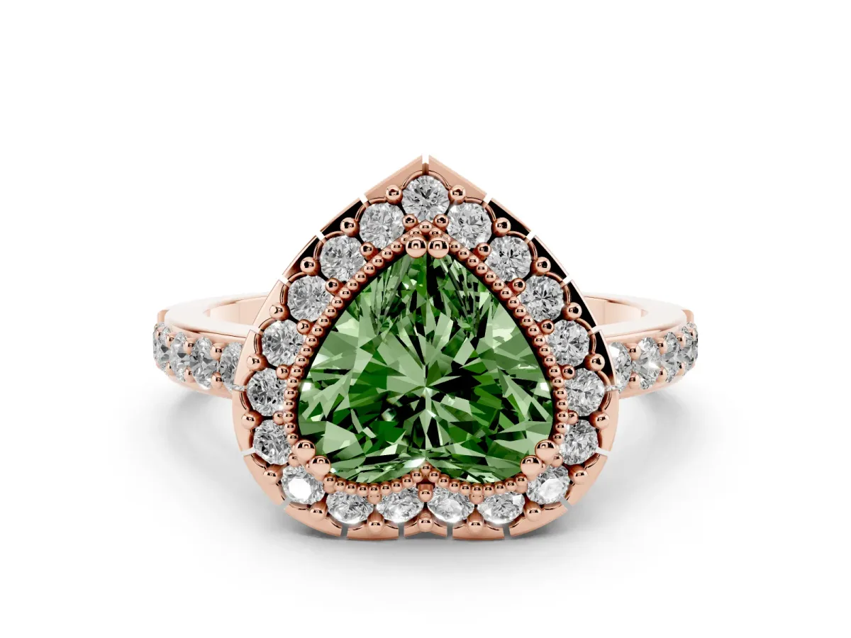Fancy Green Heart Cut Diamond Halo Ring Set in Rose gold with Pavé Shank and Prong Setting