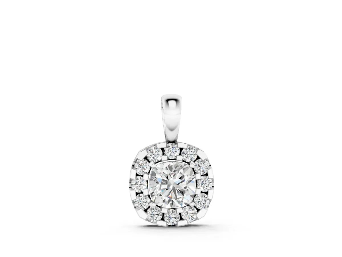 Cushion Halo Diamond Pendant Set in Silver with Four-Prong Cushion Center