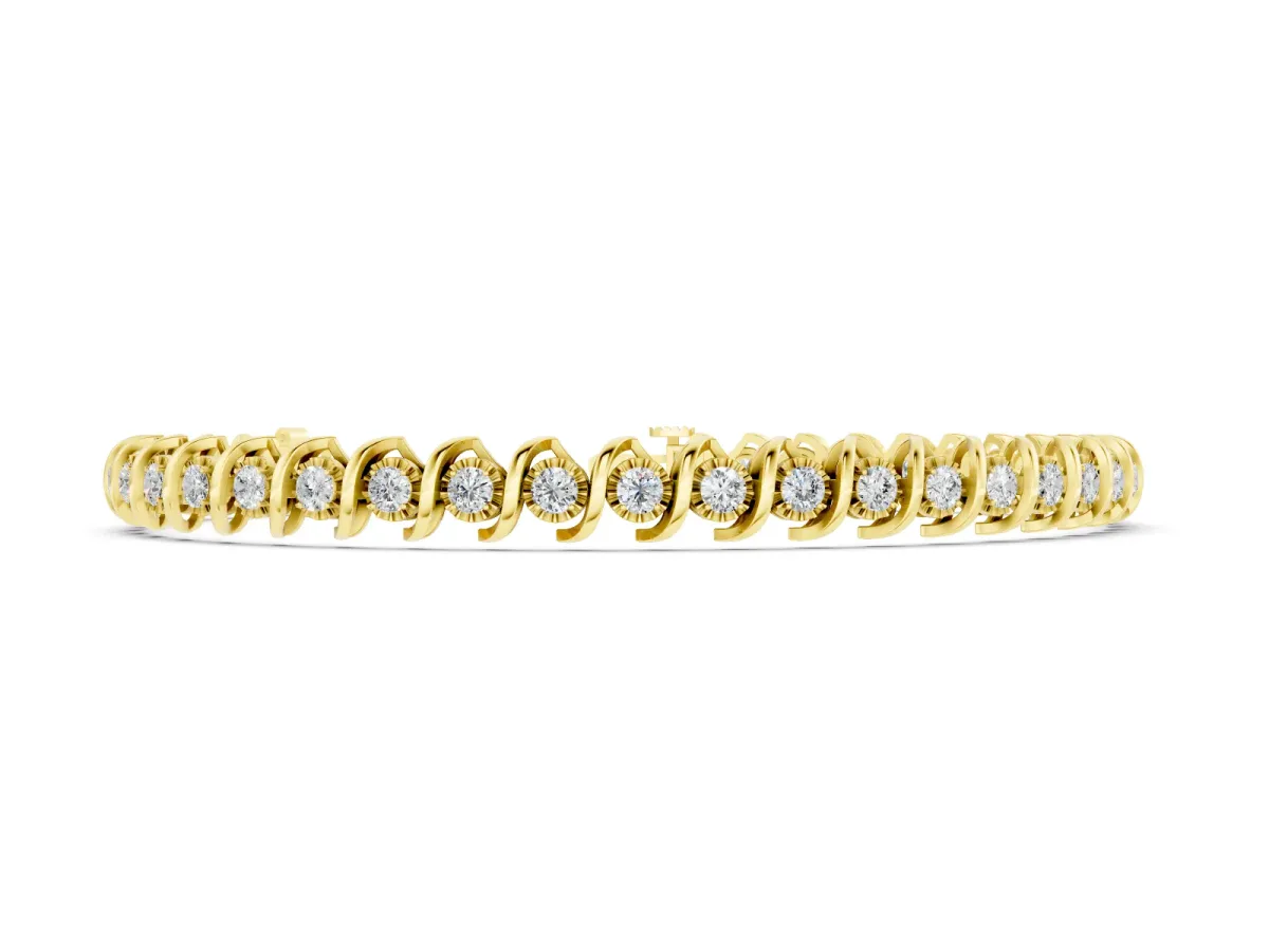 Round Diamond Tennis Bracelet Set in Yellow gold with Spiral Prong Setting