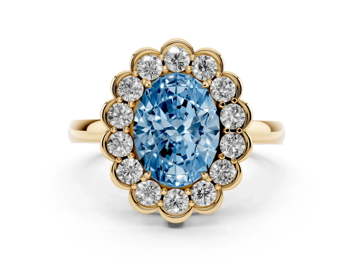 Fancy Blue Oval Cut Diamond Halo Cluster Engagement Ring Set in Yellow gold with Solitaire Band and Prong Setting