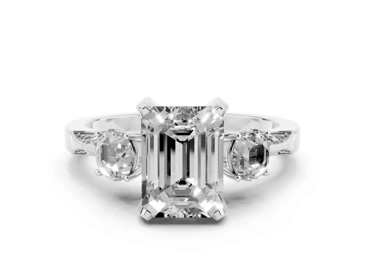 Fancy Black Emerald Cut Diamond Three-Stone Ring Set in Silver with Pavé Band and Smaller Side Stones