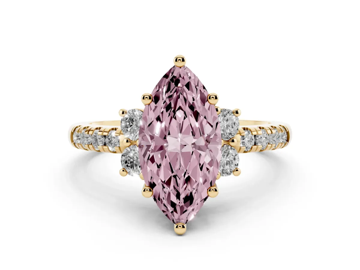 Fancy Pink Marquise Cut Diamond Three-Stone Pavé Ring Set in Yellow gold with Prong Setting
