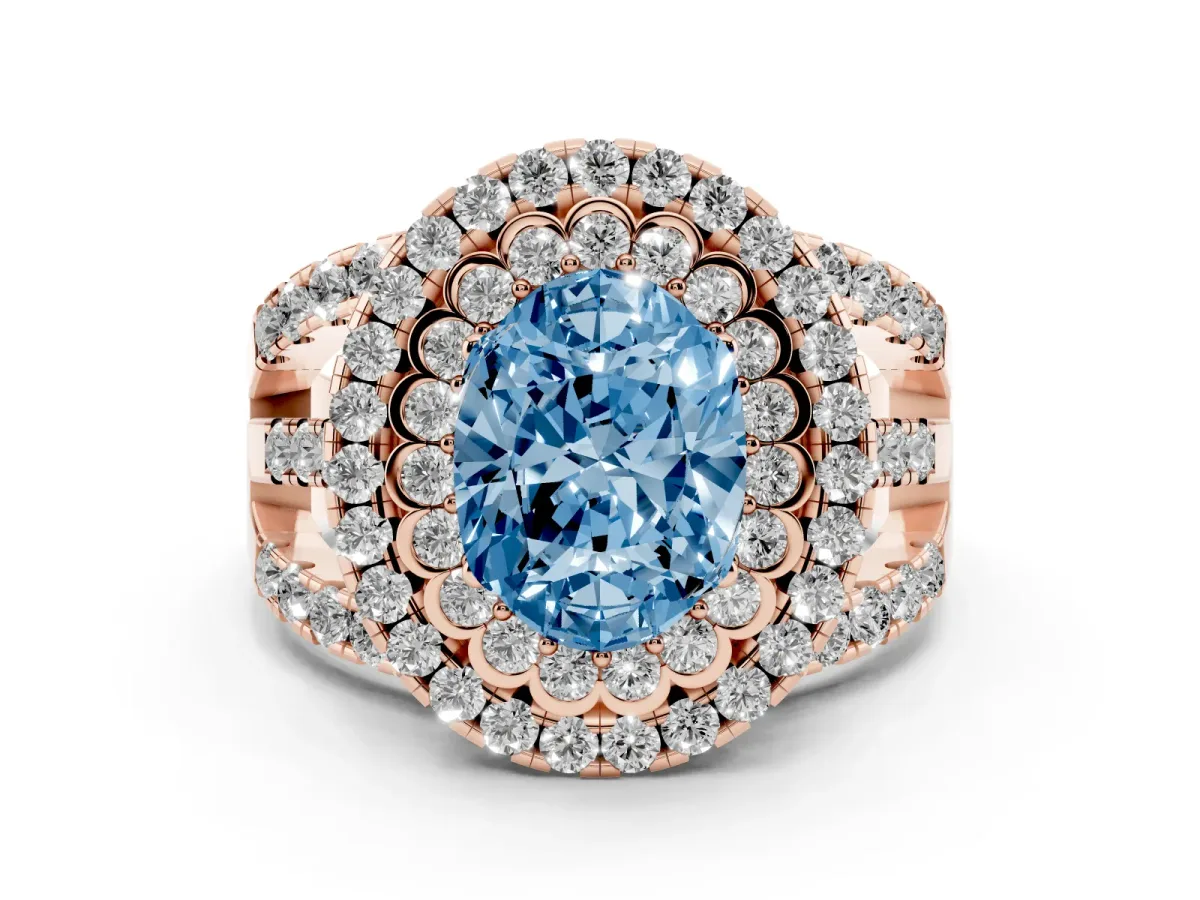 Fancy Blue Oval Cut Diamond Double Halo Ring Set in Rose gold with Round Pavé Split Shank