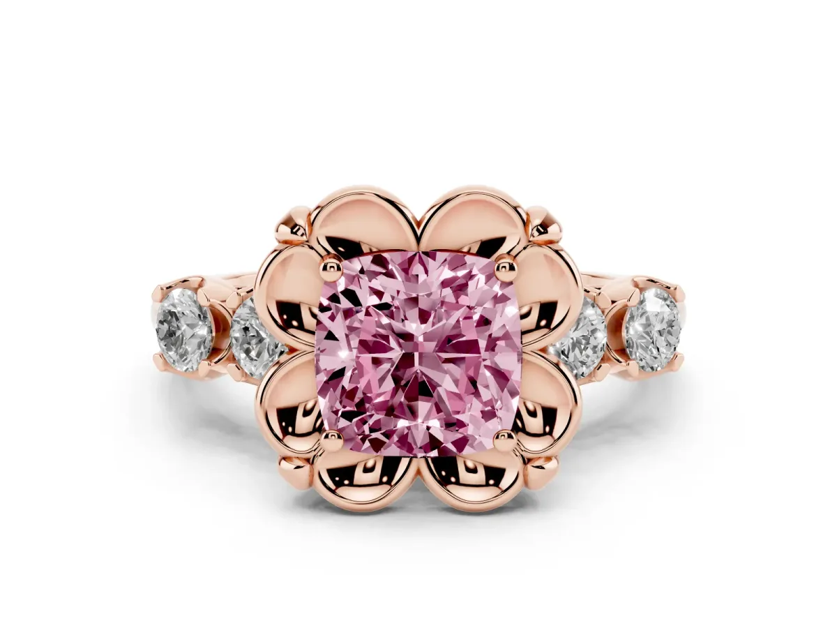 Fancy Pink Cushion Cut Diamond Floral Halo Ring Set in Rose gold with Shared Prong Band