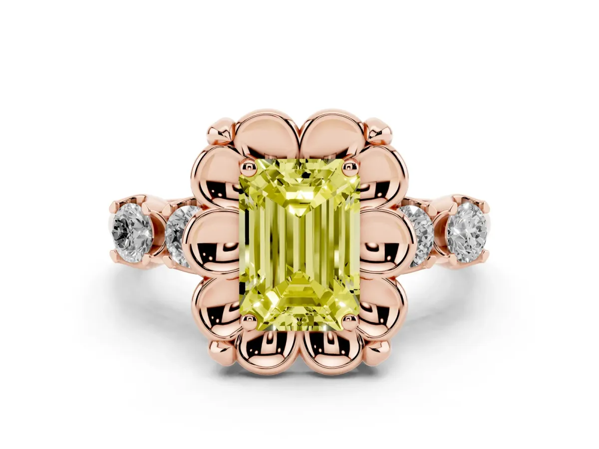Fancy Yellow Emerald Cut Diamond Floral Halo Ring Set in Rose gold with Shared Prong Band