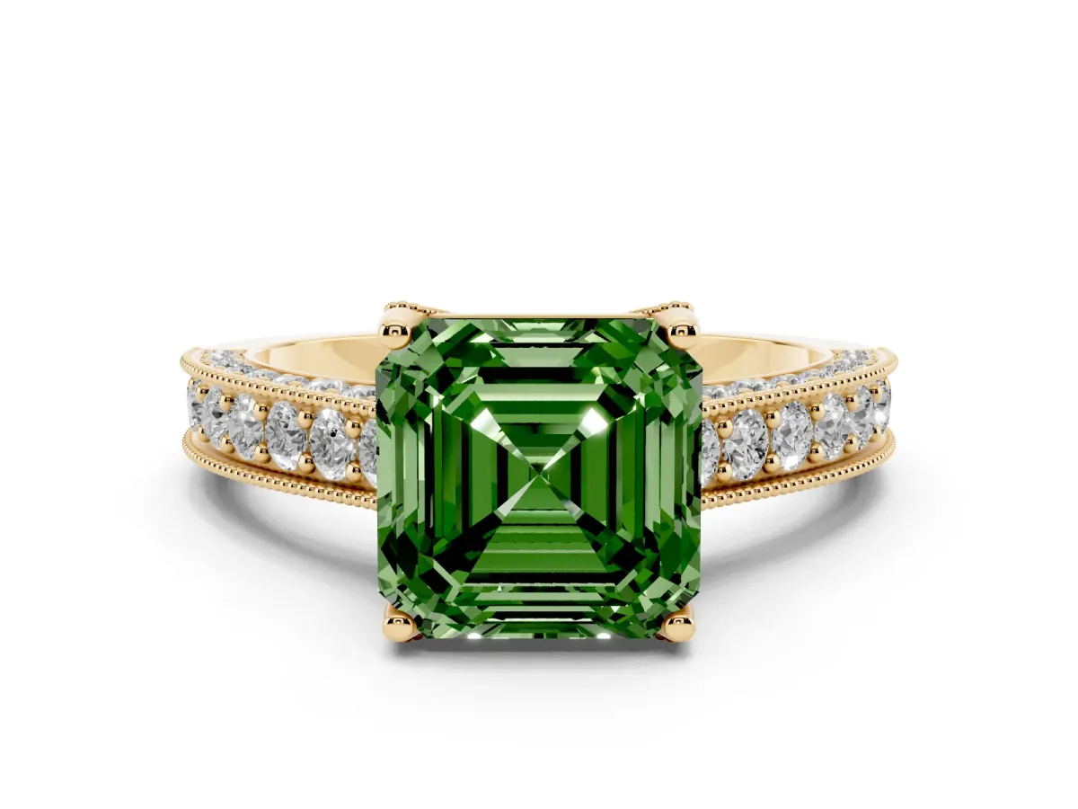 Fancy Green Asscher Cut Diamond Solitaire Ring Set in Yellow gold with Milgrain-Edged Pavé Band and Prong Setting