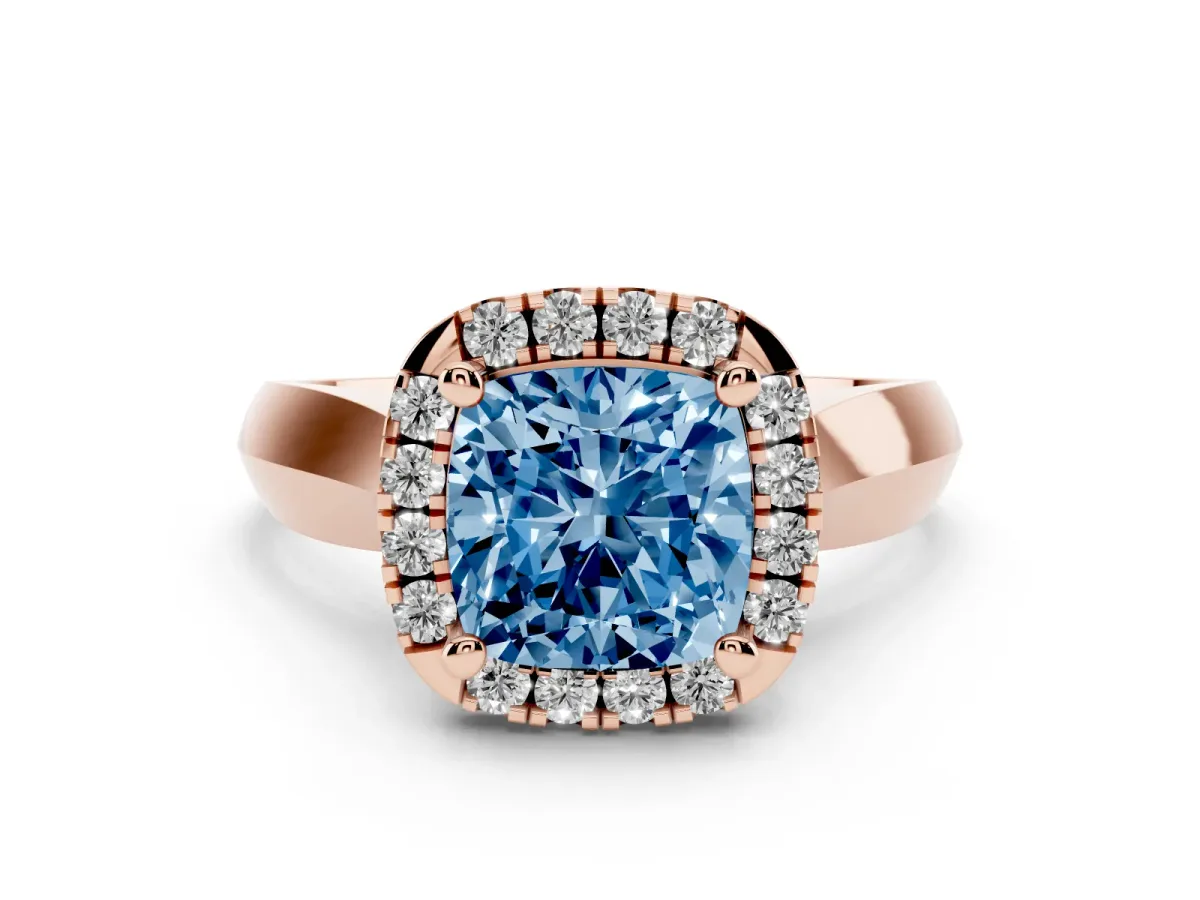 Fancy Blue Cushion Cut Diamond Halo Solitaire Engagement Ring Set in Rose gold with Square Band and Prong Setting