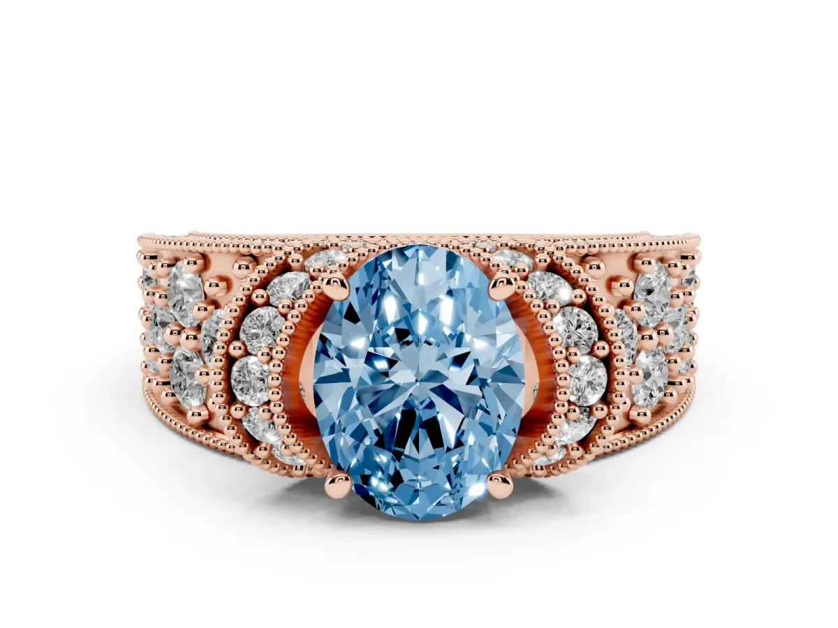 Fancy Blue Oval Cut Diamond Milgrain Halo Pavé Engagement Ring Set in Rose gold with Prong Setting