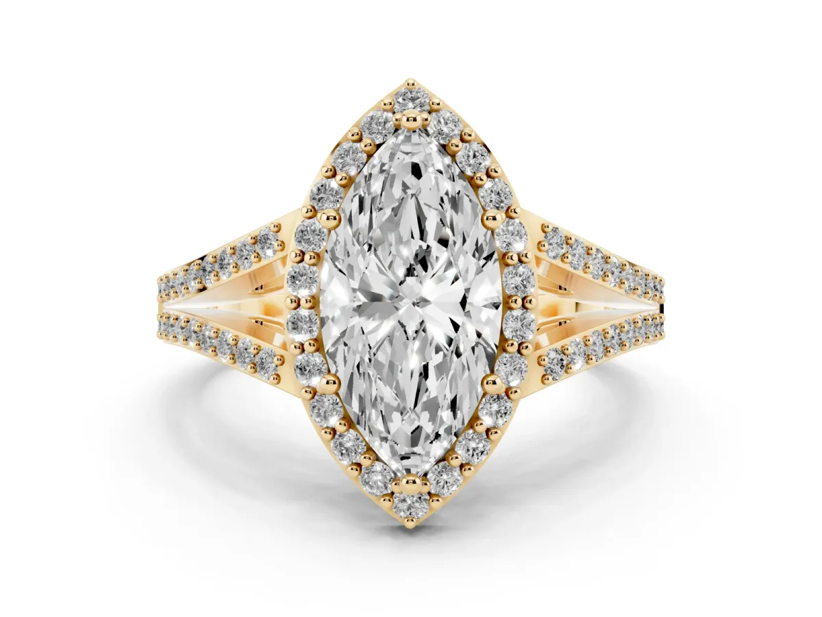 Marquise Cut Diamond Halo Split Shank Pavé Ring Set in Yellow gold with Prong Setting