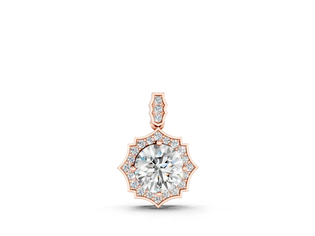 Round Diamond Halo Pendant Set in Rose gold with Milgrain Prong Setting