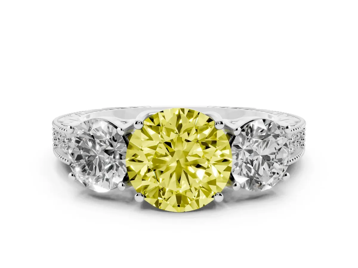 Fancy Yellow Round Cut Diamond Three-Stone Engagement Ring Set in Silver with Milgrain Pavé Band