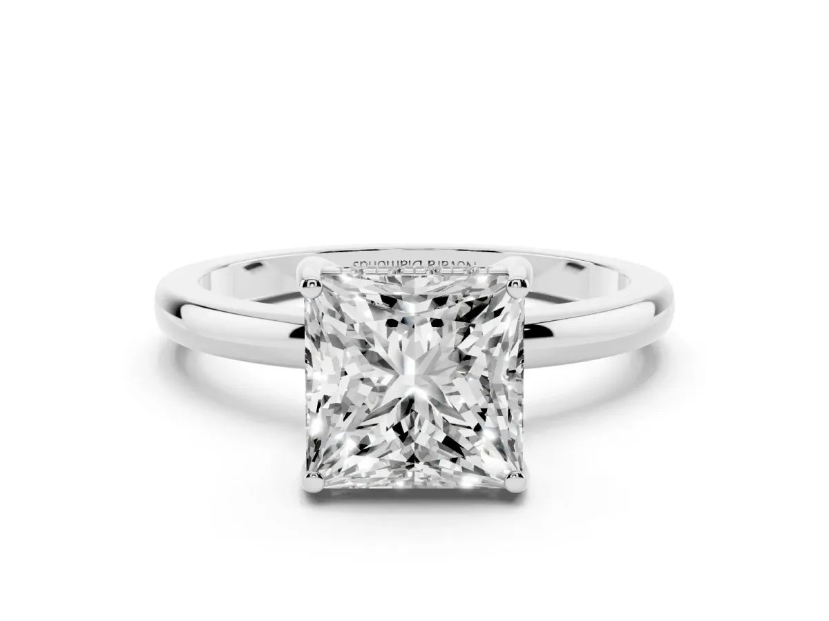 Princess Cut Diamond Solitaire Ring Set in Silver with Plain Band and Prong Setting