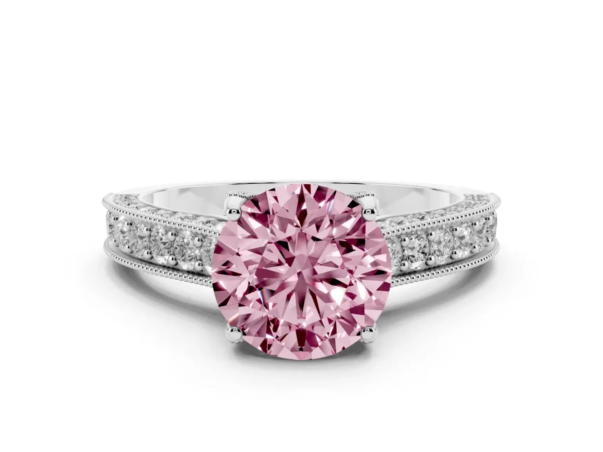 Fancy Pink Round Cut Diamond Solitaire Ring Set in Silver with Milgrain-Edged Pavé Band and Prong Setting