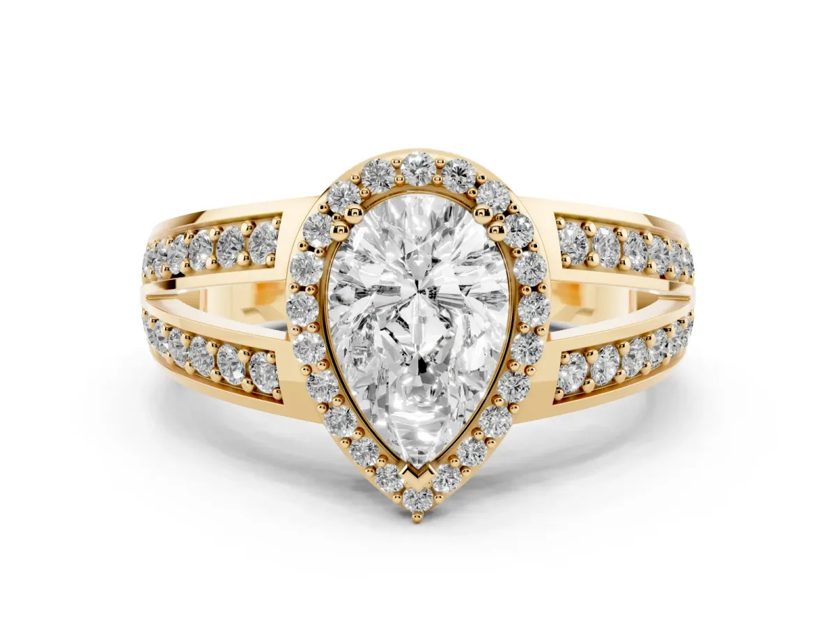 Pear Cut Diamond Halo Ring Set in Yellow gold with Double Pavé Split Shank