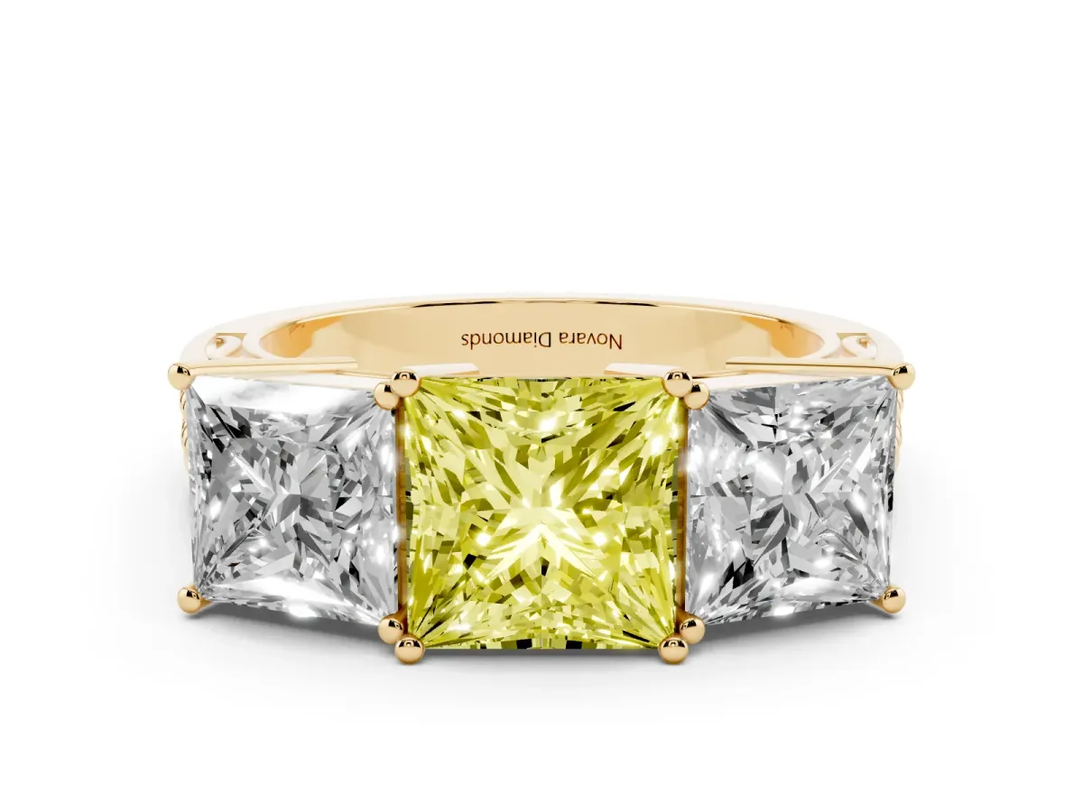 Fancy Yellow Princess Cut Diamond Three-Stone Ring Set in Yellow gold with Textured Band