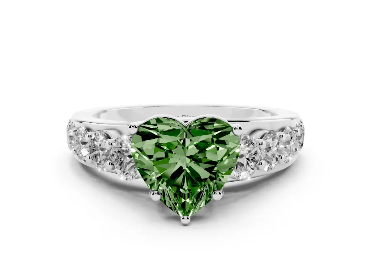 Fancy Green Heart Cut Diamond Pavé Engagement Ring Set in Silver with Prong Setting