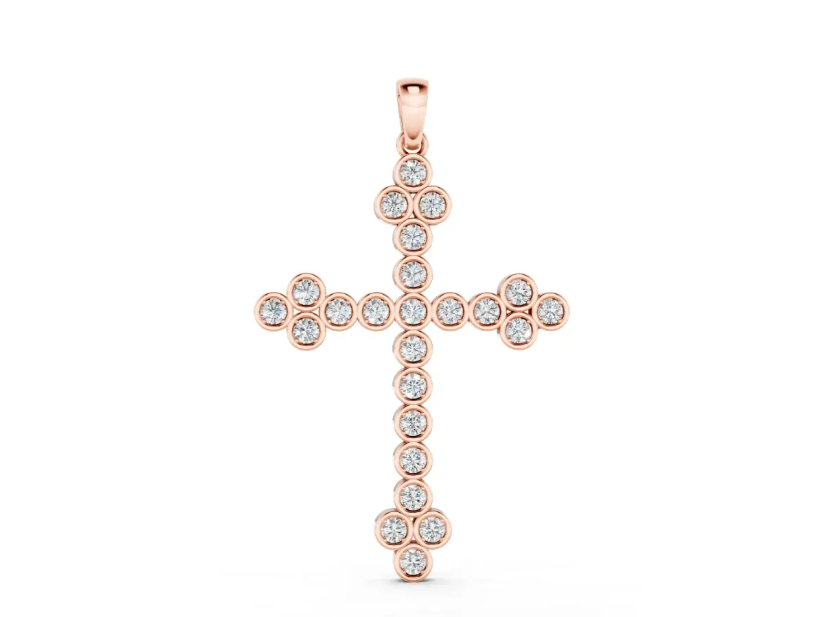 Round Diamond Cross Pendant Set in Rose gold with Bezel-Set Stones