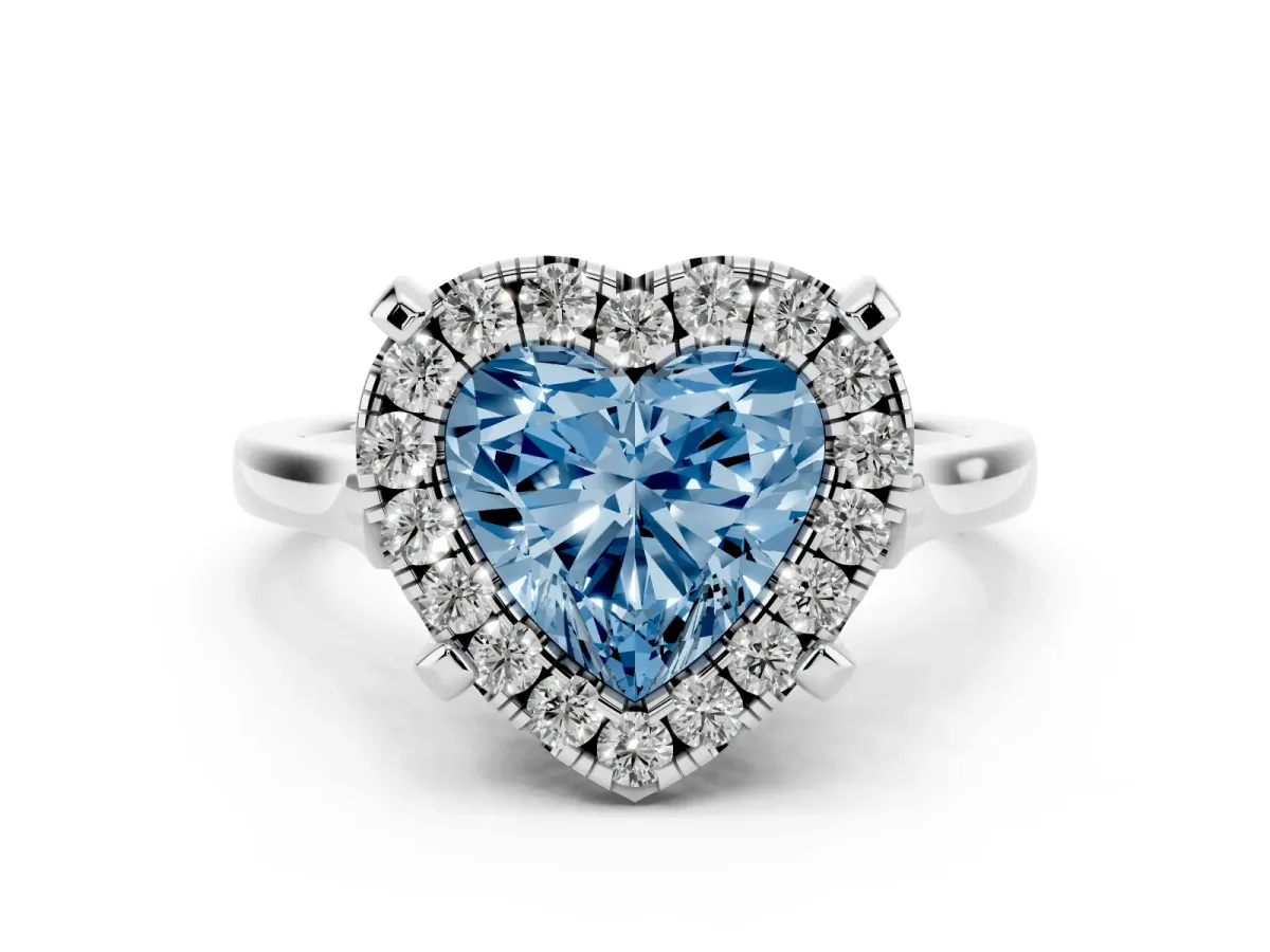 Fancy Blue Heart Cut Diamond Cluster Halo Solitaire Ring Set in Platinum with Prong Setting
