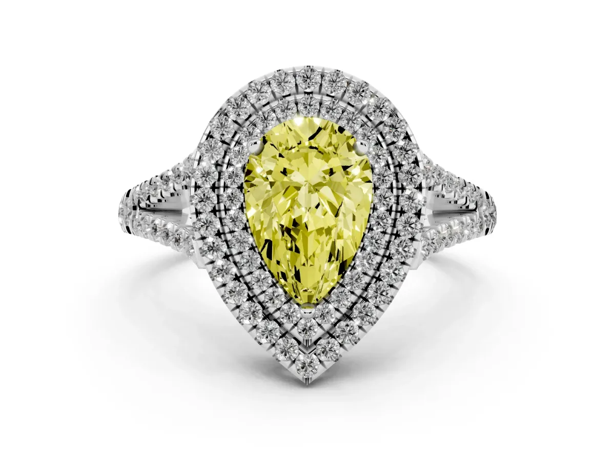 Fancy Yellow Pear Cut Diamond Double Halo Ring Set in Silver with Pavé Band
