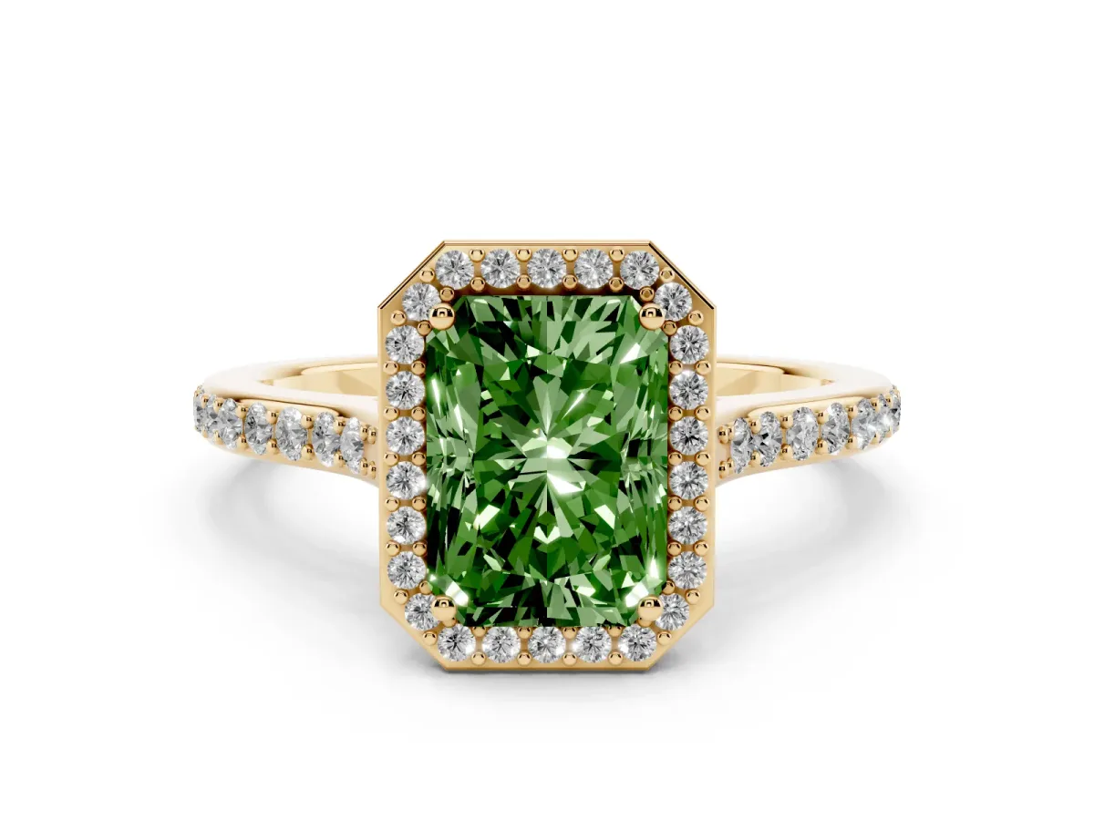 Fancy Green Radiant Cut Diamond Halo Engagement Ring Set in Yellow gold with Round Pavé Shoulders and Heart Gallery