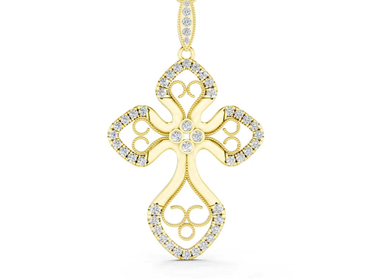 Round Diamond Cross Pendant Set in Yellow gold with Pavé and Milgrain Edge