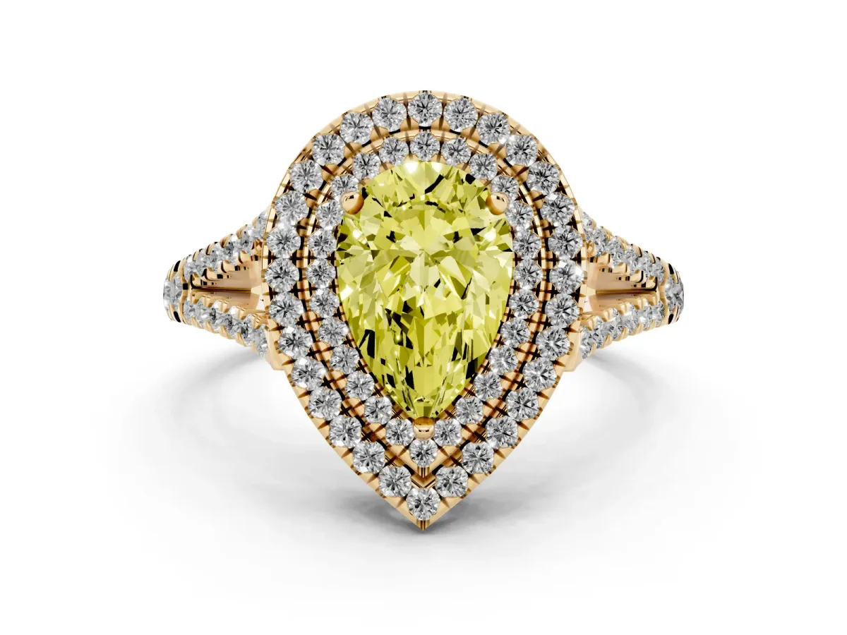 Fancy Yellow Pear Cut Diamond Double Halo Ring Set in Yellow gold with Pavé Band