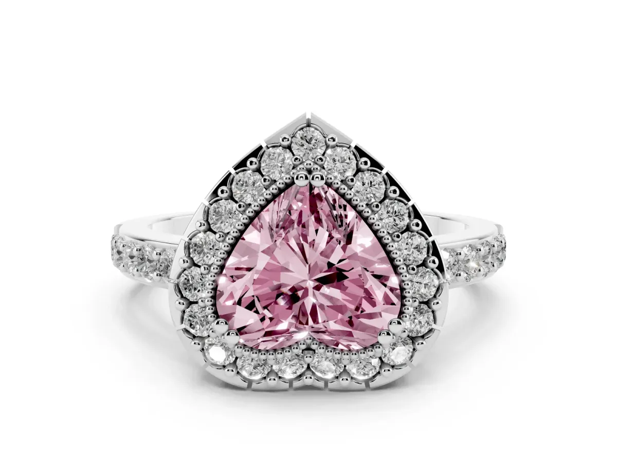 Fancy Pink Heart Cut Diamond Halo Ring Set in Silver with Pavé Shank and Prong Setting