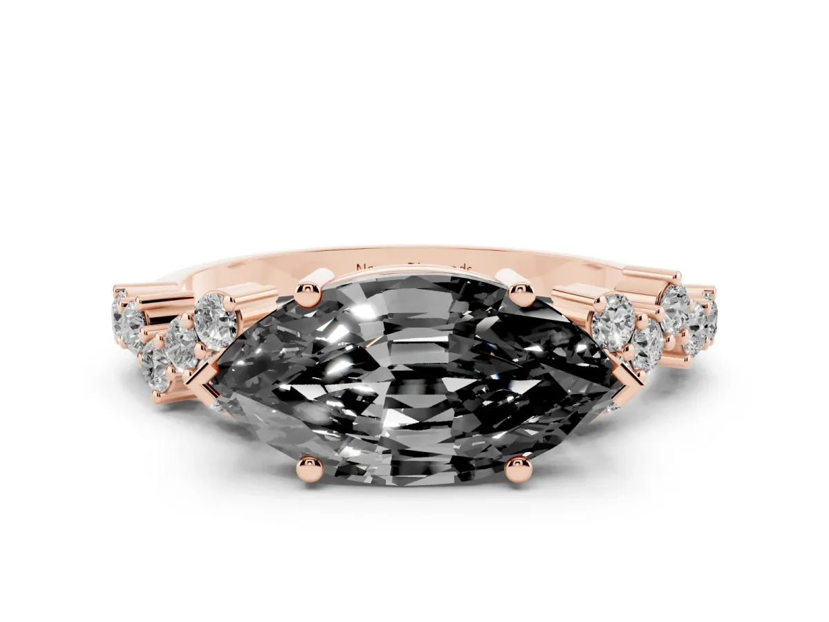 Fancy Black Marquise Cut Diamond Ring Set in Rose gold with Scattered Round Accents