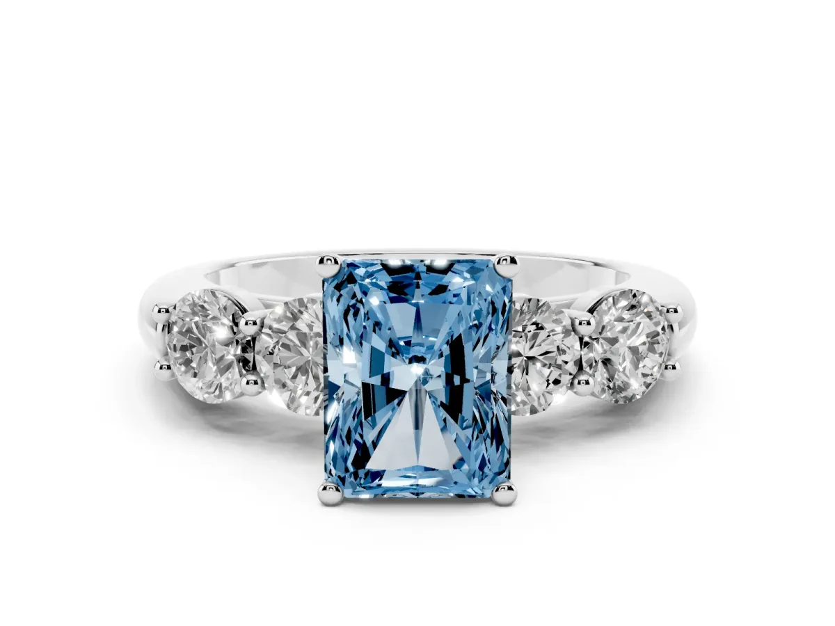 Fancy Blue Radiant Cut Diamond Five-Stone Prong Set Ring Set in Silver with Classic Band