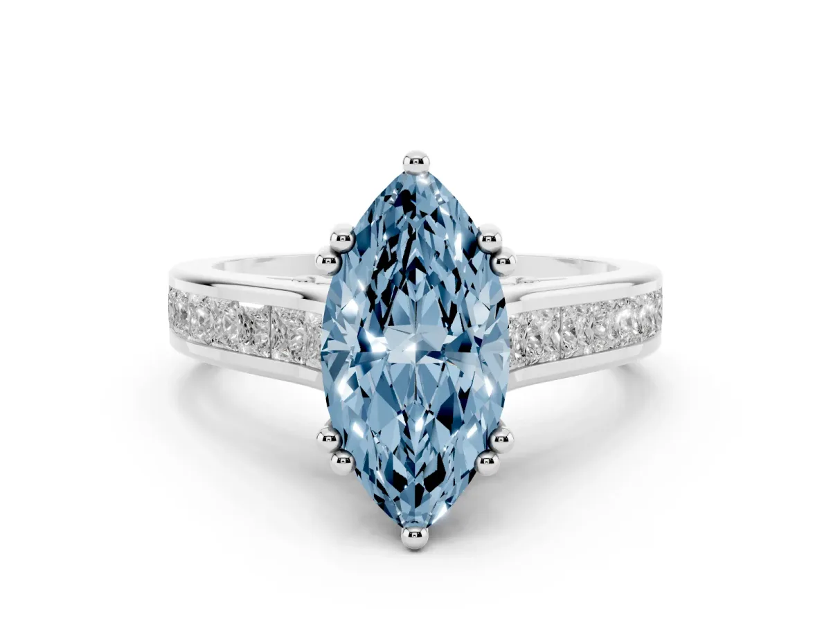 Fancy Blue Marquise Cut Diamond Channel Set Solitaire Engagement Ring Set in Platinum with Prong Setting