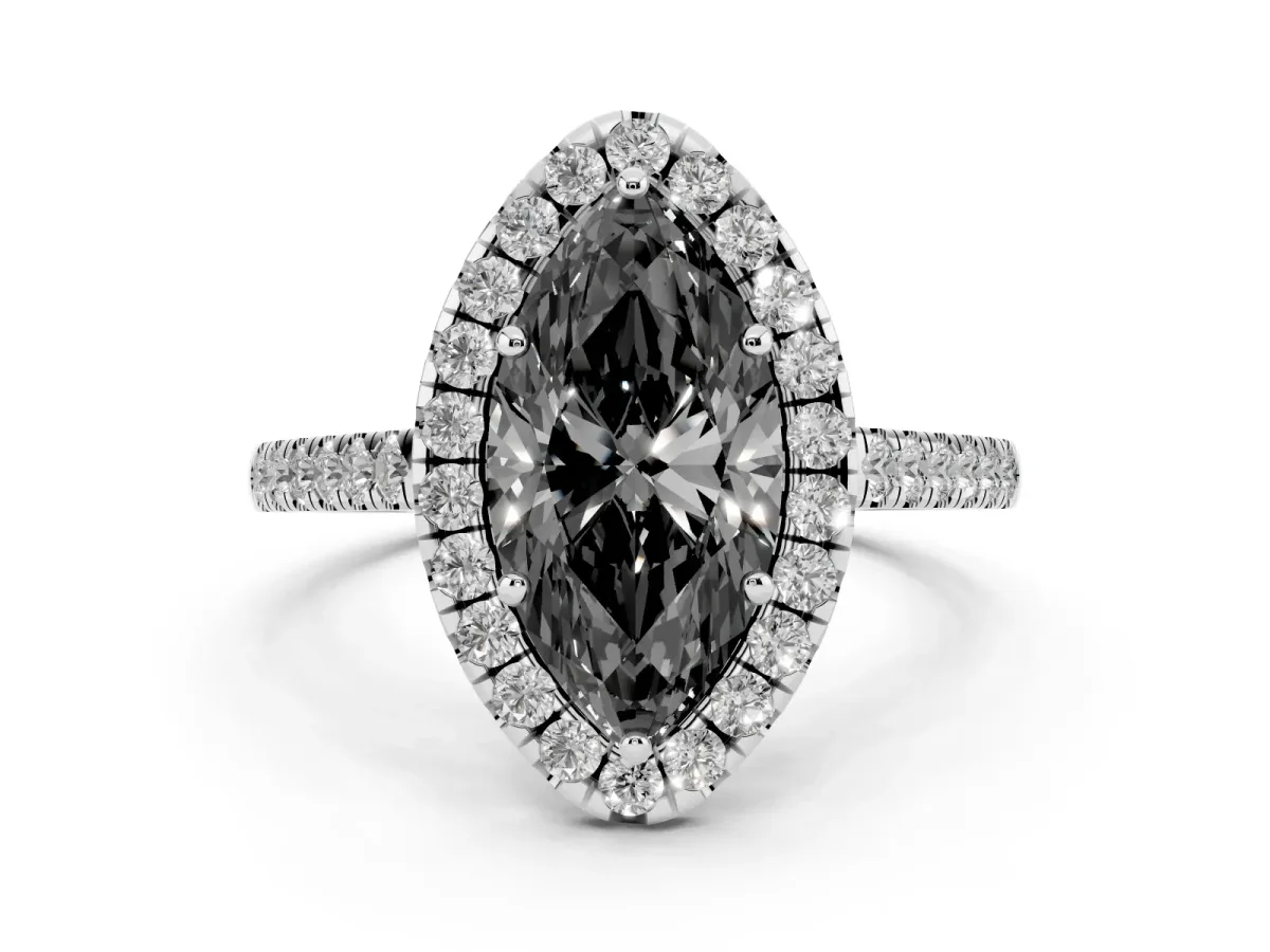 Fancy Black Marquise Cut Diamond Halo Pavé Engagement Ring Set in Platinum with Prong Setting
