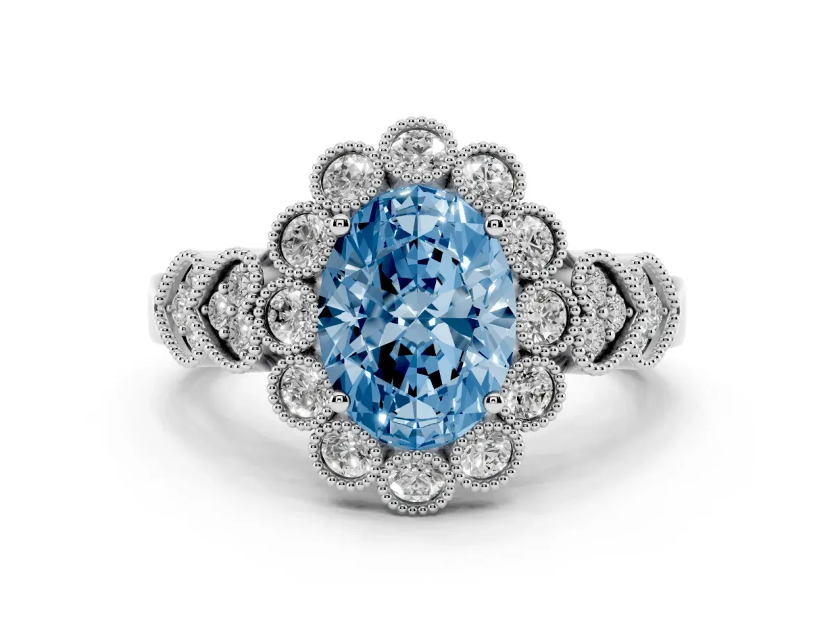 Fancy Blue Oval Cut Diamond Solitaire Ring Set in Silver with Milgrain Pavé Heart Band
