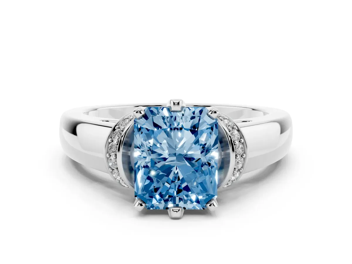 Fancy Blue Radiant Cut Diamond Pavé Band Solitaire Ring Set in Silver with Prong Setting