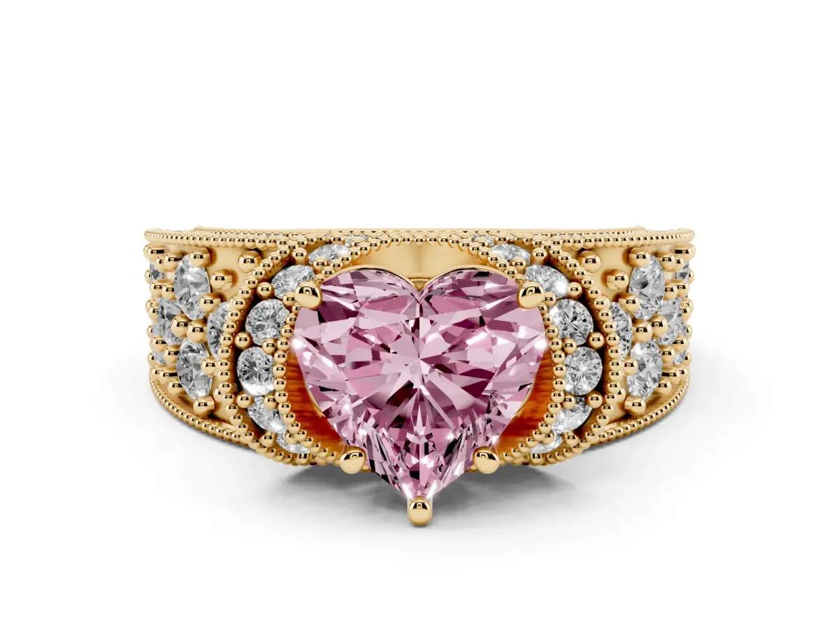 Fancy Pink Heart Cut Diamond Milgrain Halo Pavé Engagement Ring Set in Yellow gold with Prong Setting