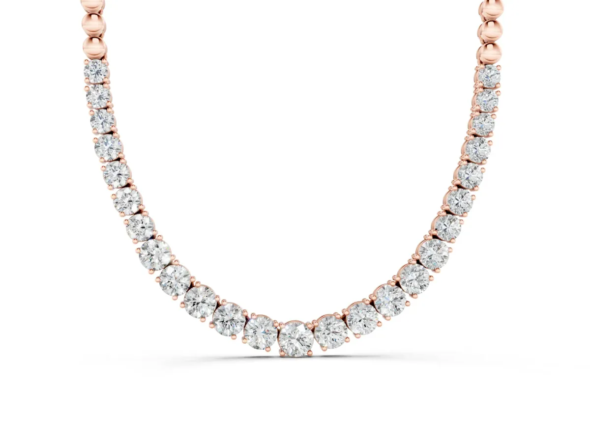 Round Diamond Tennis Necklace Set in Rose gold with Prong Setting and Bead Chain